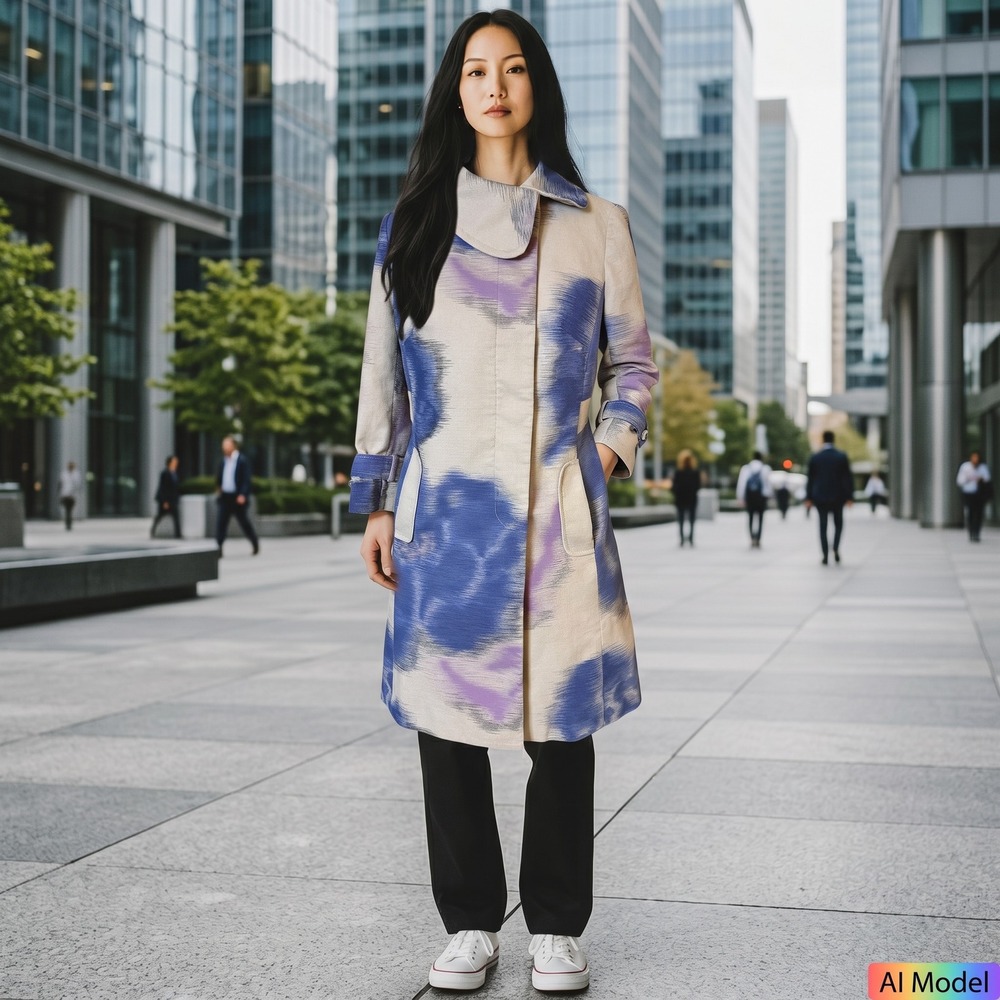 Elevenses Anthropologie Trench Coat Wmn 8 Beige Blue Purple Abstract Ikat Print